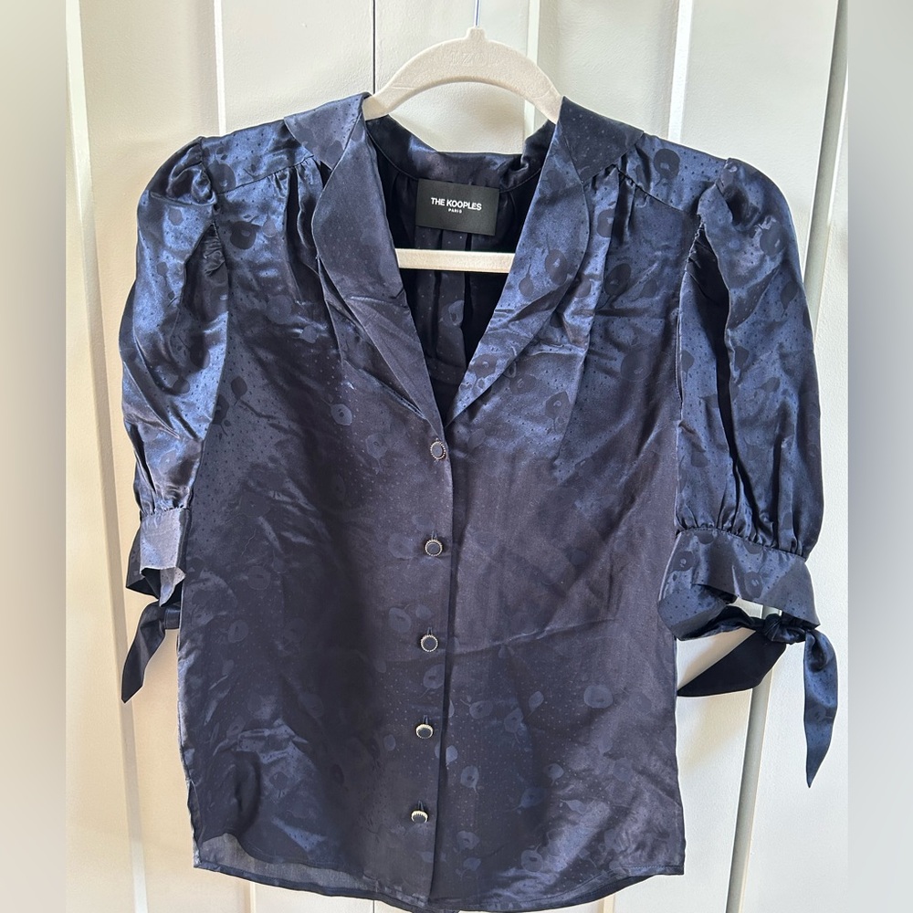 The Kooples Navy Jacquard Puff-Sleeve Blouse | Size Small | BNWT $275 CAD Retail